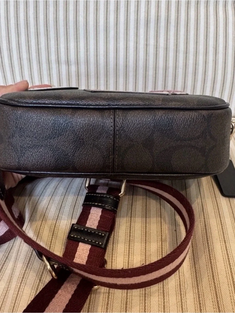 Coach Brown Leather Crossbody Camera Bag with Burgundy Stripe Strap NWOT